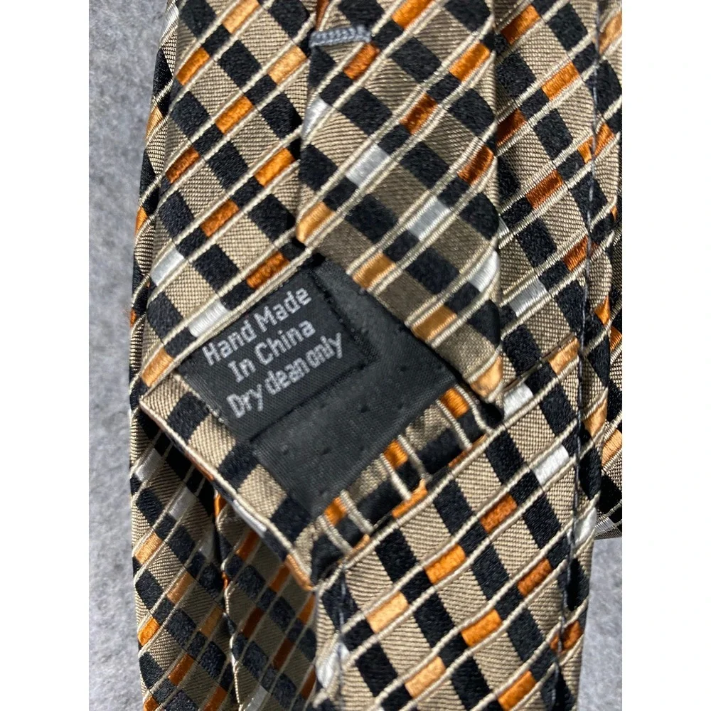 Pronto Uomo Mens SilkTie Black Gold Orange Geometric Grid Plaid HandMade Necktie